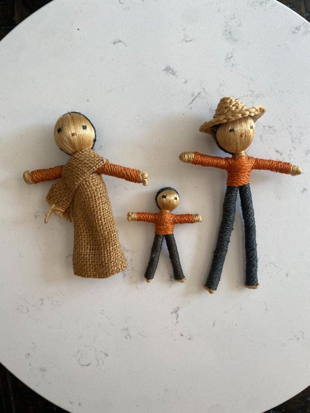 Peruvian Folk Art Fiber Doll Family Set of 3 Sisal Jute Straw Hat Burlap
